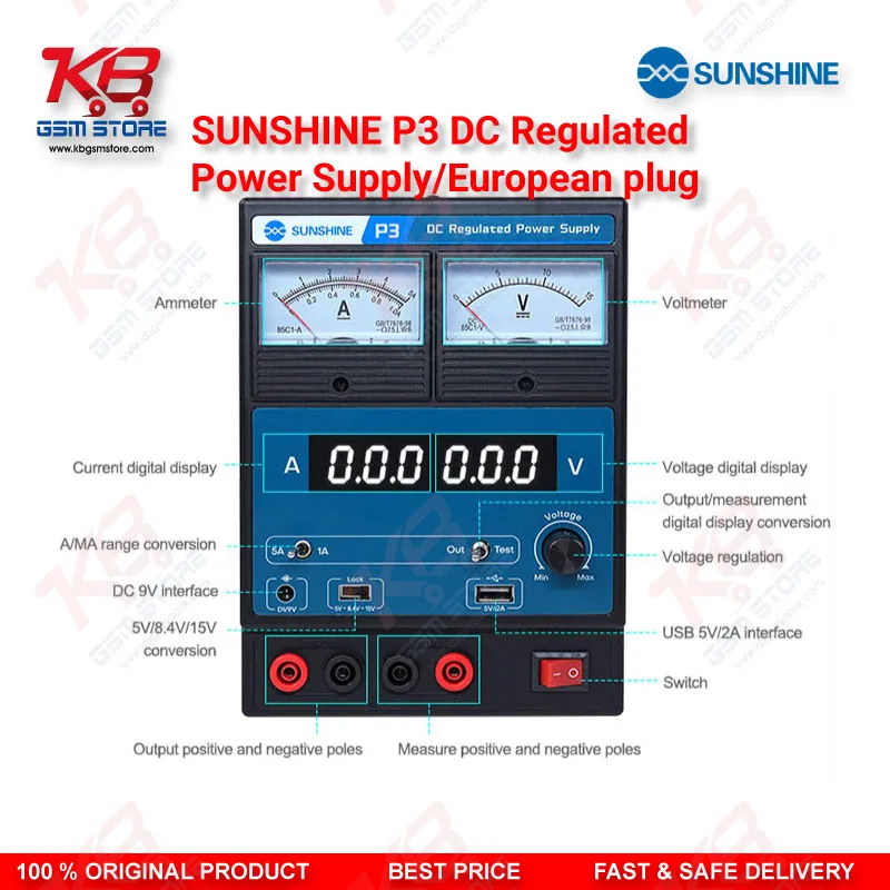 SUNSHINE P3 DC Regulated Power Supply – 5V/8.4V/15V Dual Display (European Plug)