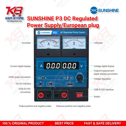 SUNSHINE P3 DC Regulated Power Supply – 5V/8.4V/15V Dual Display (European Plug)