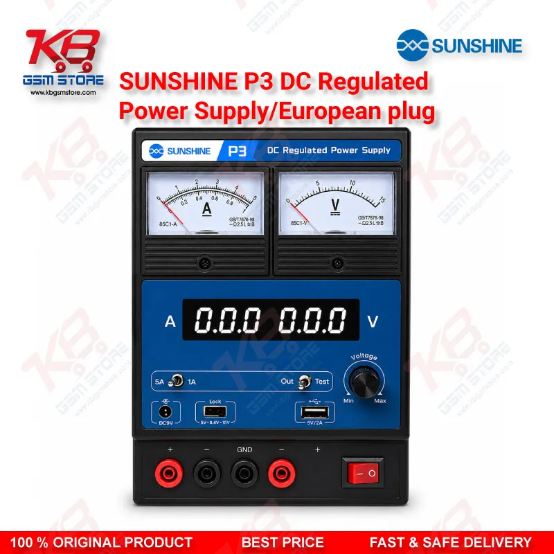 SUNSHINE P3 DC Regulated Power Supply – 5V/8.4V/15V Dual Display (European Plug)
