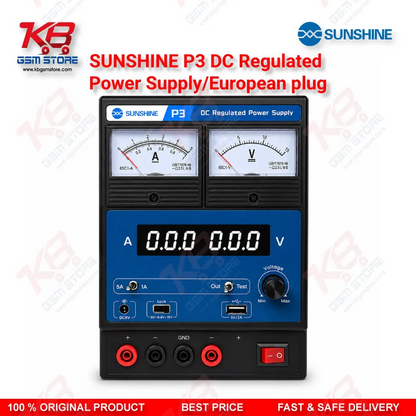 SUNSHINE P3 DC Regulated Power Supply – 5V/8.4V/15V Dual Display (European Plug)