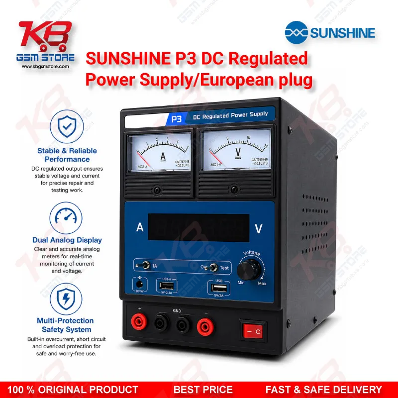 SUNSHINE P3 DC Regulated Power Supply – 5V/8.4V/15V Dual Display (European Plug)