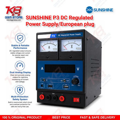 SUNSHINE P3 DC Regulated Power Supply – 5V/8.4V/15V Dual Display (European Plug)