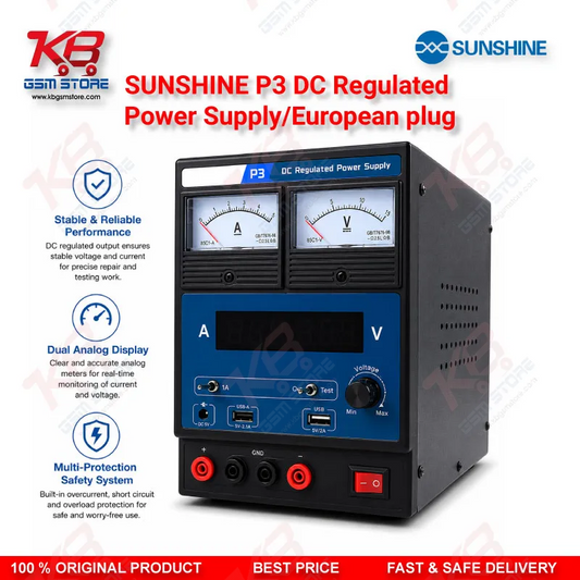 SUNSHINE P3 DC Regulated Power Supply – 5V/8.4V/15V Dual Display (European Plug)