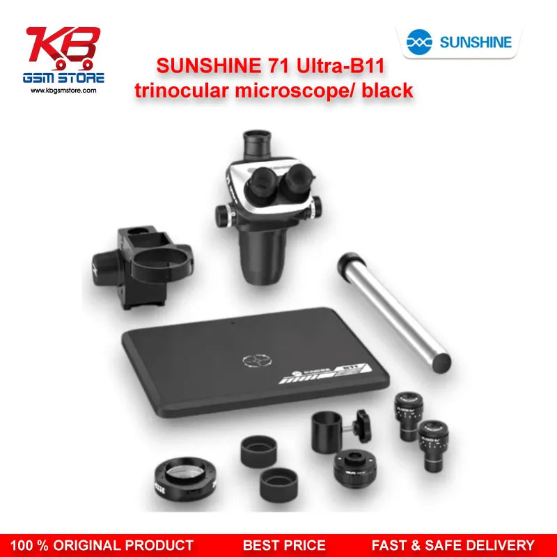 SUNSHINE 71 Ultra-B11 Black Trinocular Microscope — 6.5X–55X Continuous Zoom Stereo Microscope for Mobile PCB Repair