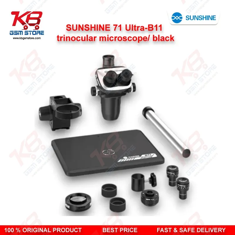 SUNSHINE 71 Ultra-B11 Black Trinocular Microscope — 6.5X–55X Continuous Zoom Stereo Microscope for Mobile PCB Repair