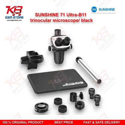 SUNSHINE 71 Ultra-B11 Black Trinocular Microscope — 6.5X–55X Continuous Zoom Stereo Microscope for Mobile PCB Repair