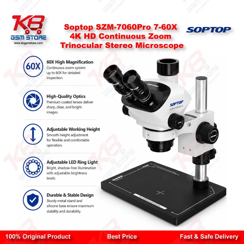 Soptop SZM-7060Pro 7-60X Trinocular Stereo Microscope with 4K HD Camera Support – Mobile & PCB Repair