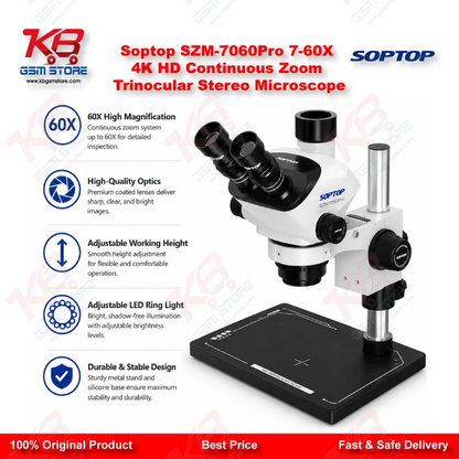 Soptop SZM-7060Pro 7-60X Trinocular Stereo Microscope with 4K HD Camera Support – Mobile & PCB Repair