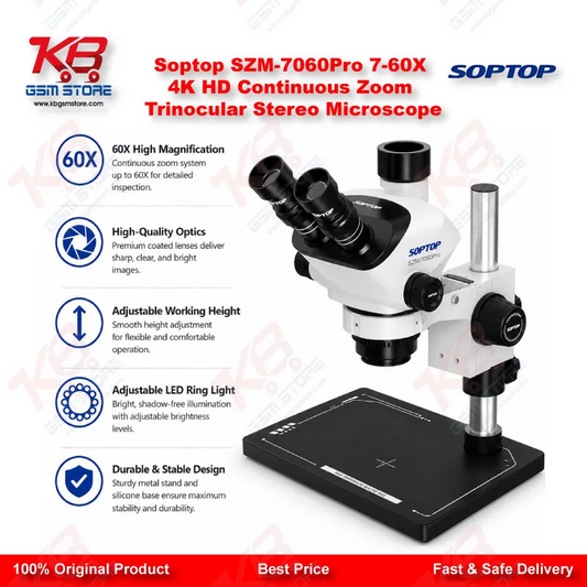 Soptop SZM-7060Pro 7-60X Trinocular Stereo Microscope with 4K HD Camera Support – Mobile & PCB Repair