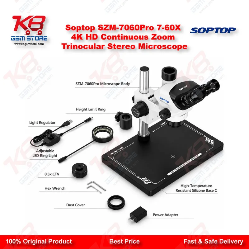 Soptop SZM-7060Pro 7-60X Trinocular Stereo Microscope with 4K HD Camera Support – Mobile & PCB Repair