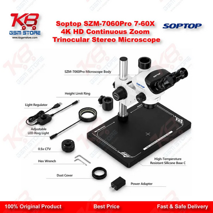 Soptop SZM-7060Pro 7-60X Trinocular Stereo Microscope with 4K HD Camera Support – Mobile & PCB Repair