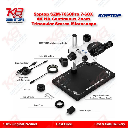 Soptop SZM-7060Pro 7-60X Trinocular Stereo Microscope with 4K HD Camera Support – Mobile & PCB Repair