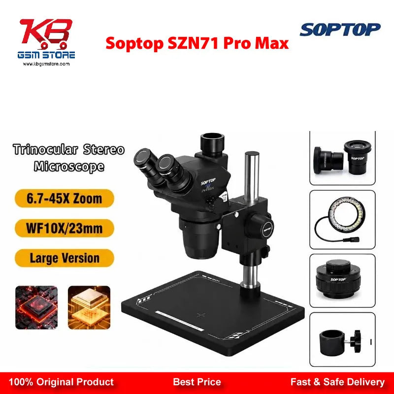 Soptop SZN71 Pro Max 6.7–45X HD Trinocular Stereo Microscope for Mobile Phone PCB BGA IC Micro-Soldering Repair