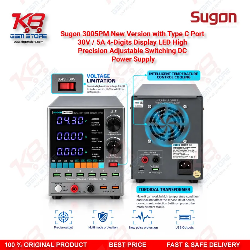 Sugon 3005PM New Version 30V 5A Type-C 4-Digit LED Adjustable Switching DC Power Supply