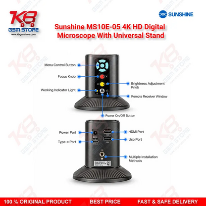 Sunshine MS10E-05 4K HD Digital Microscope With Universal Stand for PCB and Motherboard Inspection