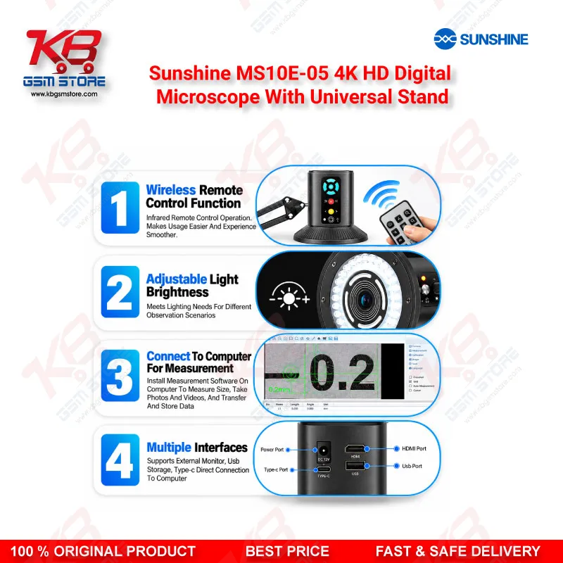 Sunshine MS10E-05 4K HD Digital Microscope With Universal Stand for PCB and Motherboard Inspection