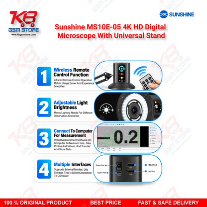 Sunshine MS10E-05 4K HD Digital Microscope With Universal Stand for PCB and Motherboard Inspection