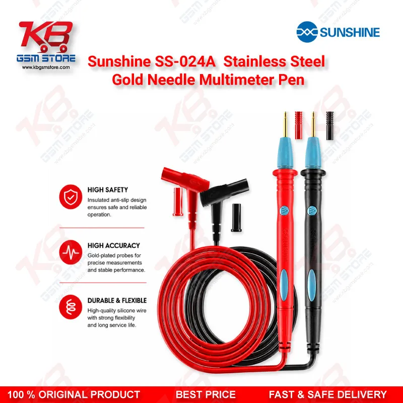Sunshine SS-024A Stainless Steel Gold Needle Multimeter Test Lead Pen – 1000V 20A Precision Probe