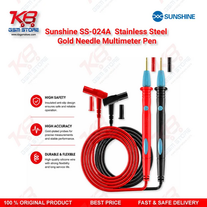 Sunshine SS-024A Stainless Steel Gold Needle Multimeter Test Lead Pen – 1000V 20A Precision Probe