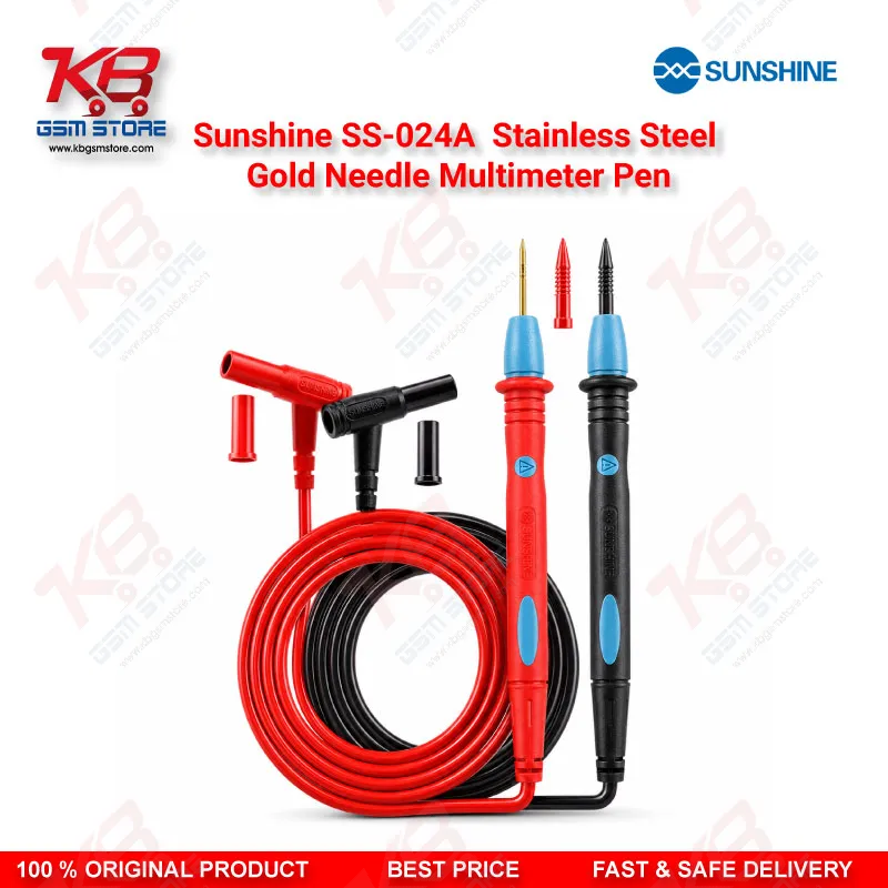 Sunshine SS-024A Stainless Steel Gold Needle Multimeter Test Lead Pen – 1000V 20A Precision Probe