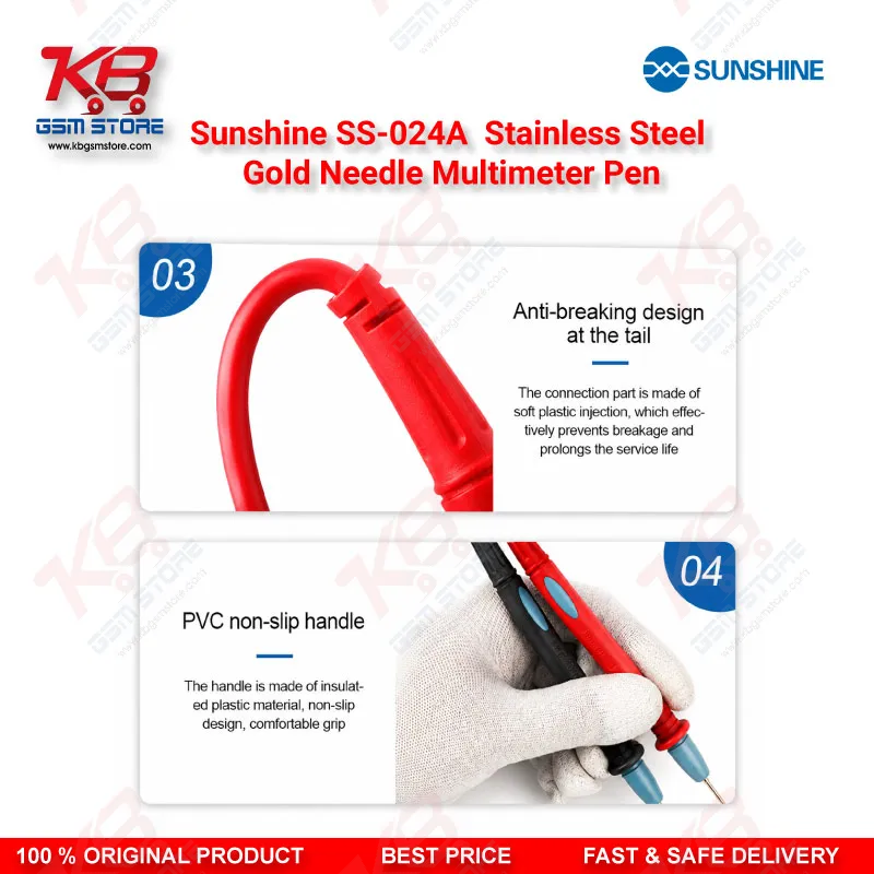 Sunshine SS-024A Stainless Steel Gold Needle Multimeter Test Lead Pen – 1000V 20A Precision Probe