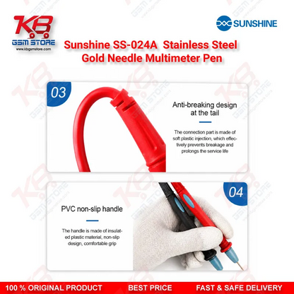 Sunshine SS-024A Stainless Steel Gold Needle Multimeter Test Lead Pen – 1000V 20A Precision Probe