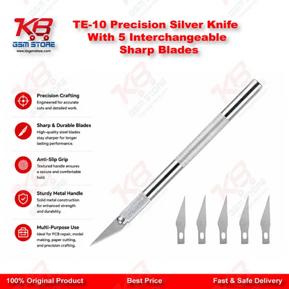 TE-10 Precision Silver Knife With 5 Interchangeable Sharp Blades