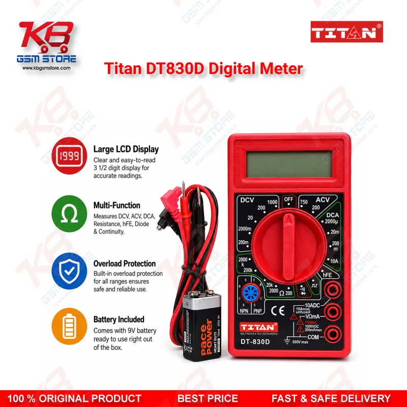 Titan DT830D Digital Multimeter – AC/DC Voltage, Current & Resistance Tester
