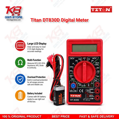 Titan DT830D Digital Multimeter – AC/DC Voltage, Current & Resistance Tester