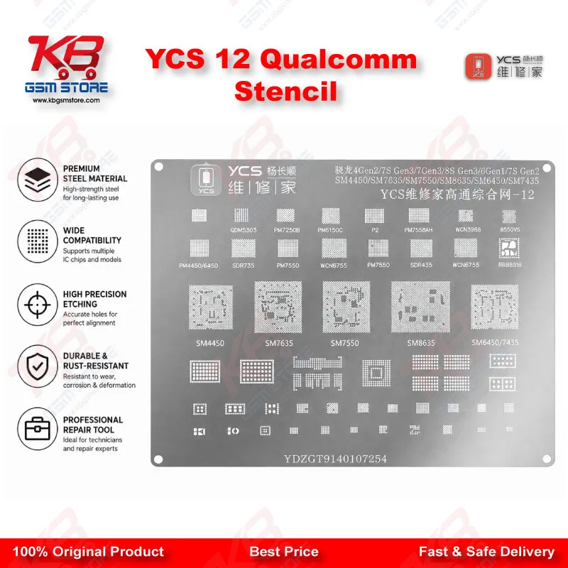 YCS 12 Qualcomm BGA Reballing Stencil – Snapdragon 7s Gen3, 7 Gen3, 6 Gen1, 4 Gen2