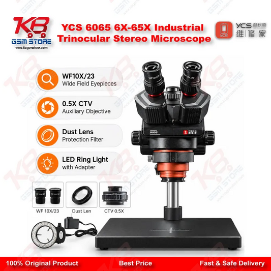 YCS 6065 6X-65X Industrial Trinocular Stereo Microscope
