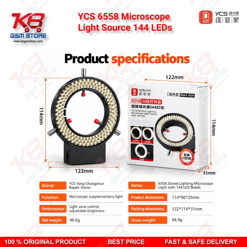 YCS 6558 Microscope Light Source 144 LEDs Zone Ring Lamp