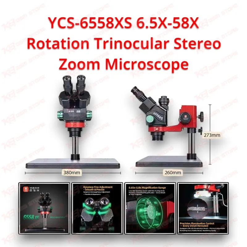 YCS-6558XS 6.5X-58X Rotation Trinocular Stereo Zoom Microscope