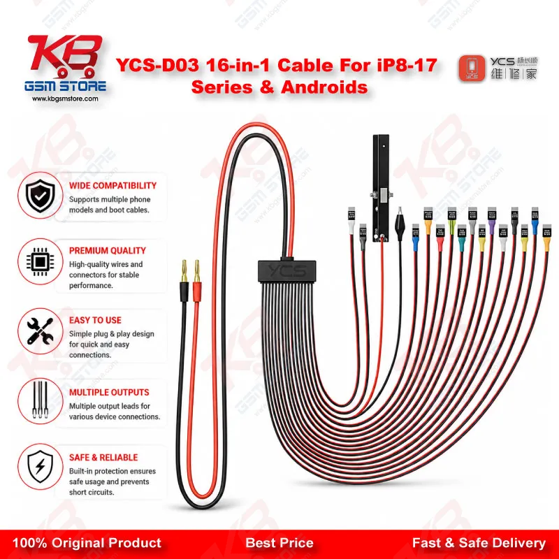 YCS D03 16-in-1 DC Power Boot Cable – iPhone 8 to 17 Pro Max & Android Motherboard Testing Tool