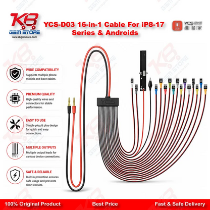 YCS D03 16-in-1 DC Power Boot Cable – iPhone 8 to 17 Pro Max & Android Motherboard Testing Tool