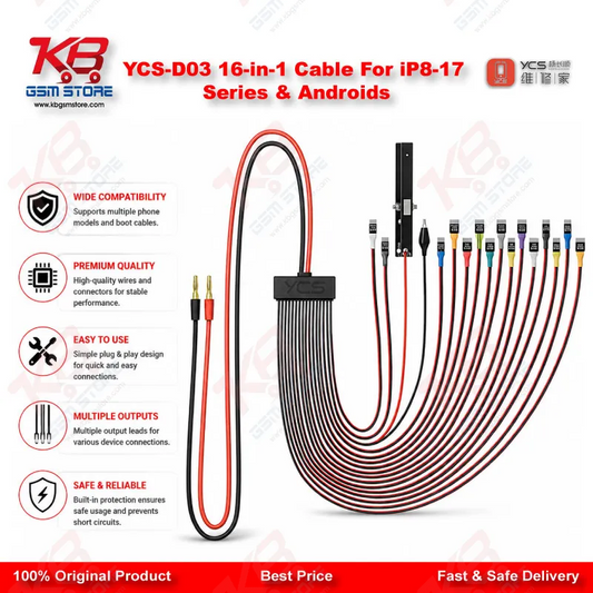 YCS D03 16-in-1 DC Power Boot Cable – iPhone 8 to 17 Pro Max & Android Motherboard Testing Tool