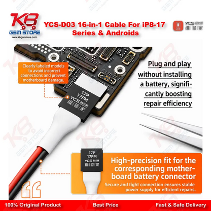 YCS D03 16-in-1 DC Power Boot Cable – iPhone 8 to 17 Pro Max & Android Motherboard Testing Tool