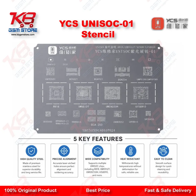 YCS UNISOC-01 BGA Reballing Stencil – For UMS9230H, UMS512T, UIS8910 Chipsets
