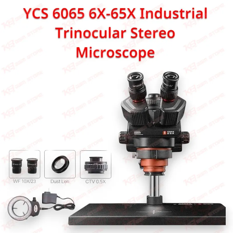 YCS 6065 6X-65X Industrial Trinocular Stereo Microscope