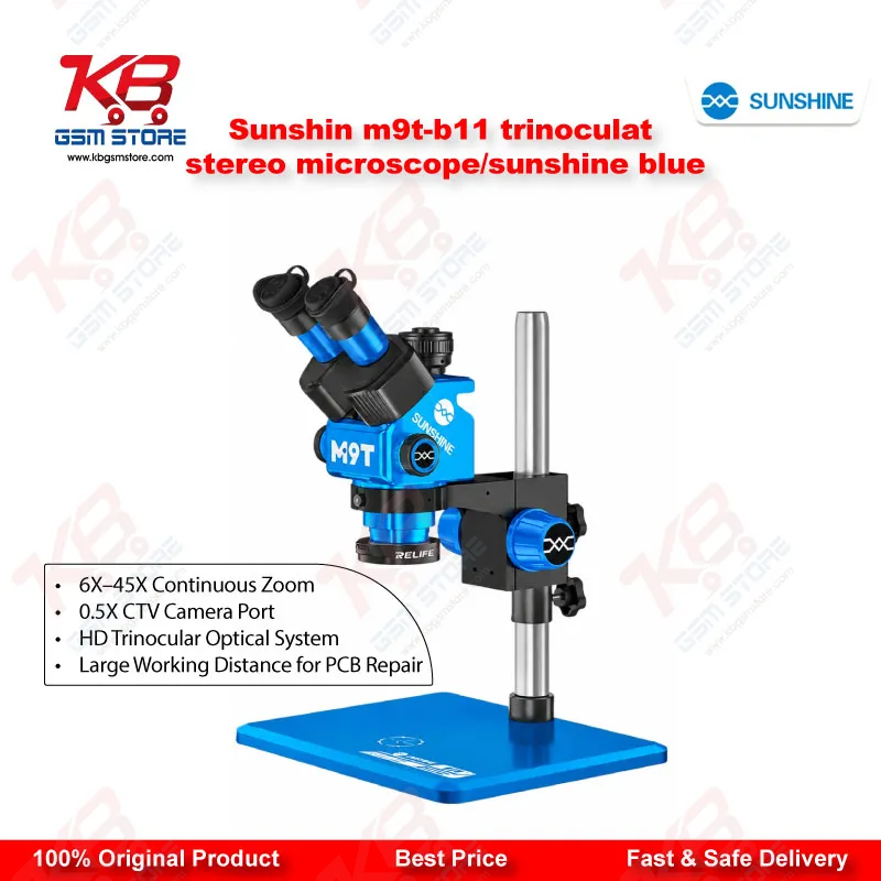 Sunshine M9T-B11 Trinocular Stereo Microscope 6X–45X Continuous Zoom with 0.5X CTV Mount & LED Ring Light for Mobile PCB Repair