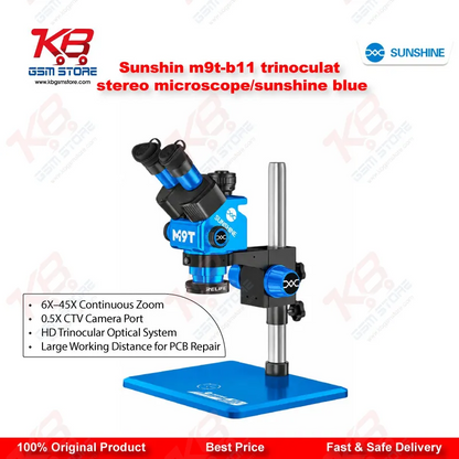 Sunshine M9T-B11 Trinocular Stereo Microscope 6X–45X Continuous Zoom with 0.5X CTV Mount & LED Ring Light for Mobile PCB Repair