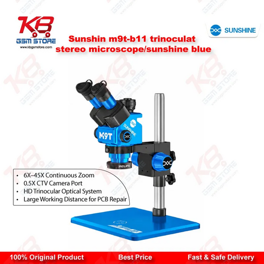 Sunshine M9T-B11 Trinocular Stereo Microscope 6X–45X Continuous Zoom with 0.5X CTV Mount & LED Ring Light for Mobile PCB Repair